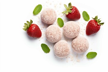 Wall Mural - Strawberry Dessert Balls , Isolated white background, flat lay