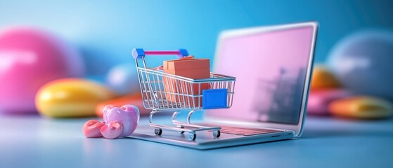 Illustration of shopping cart and laptop, soft blue background, online stores concept