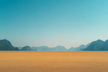 Wall Mural - Vast sandy landscape with distant mountains under clear blue sky during daytime