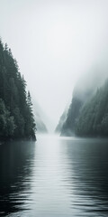 Wall Mural - Misty river flows between towering forested hills in tranquil landscape