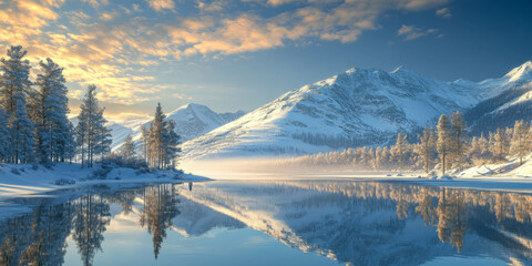 Wall Mural - Majestic winter landscape with snow-capped mountains and tranquil lake during sunset