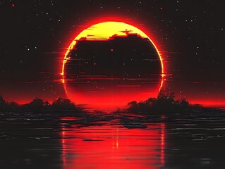 Glitching Sunset Over Dark Silhouetted Landscape