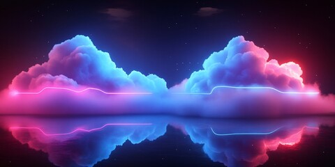 neon cloudscape- futuristic pink blue glow reflecting in water
