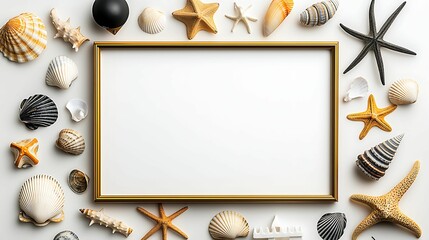 Wall Mural - A decorative frame surrounded by various seashells and starfish, creating a beach-themed display.