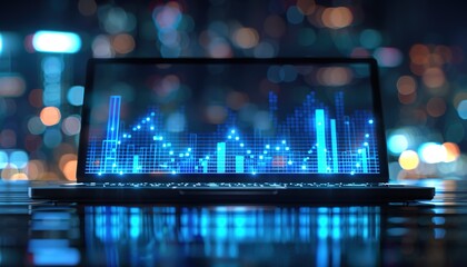 Abstract growth graph chart on a laptop screen on technology blue background. 