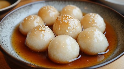 Wall Mural - A delicious plate of sweet rice balls, Tangyuan, filled with sesame paste, served in a sweet ginger syrup 