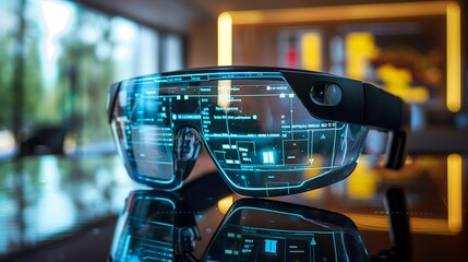 Immersive scene with augmented reality glasses projecting a dynamic software project timeline and a cybersecurity threat heatmap.