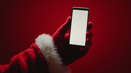 A cozy close-up of Santa's hand holding a smartphone with a glowing white screen, the red background creating a festive and clean design