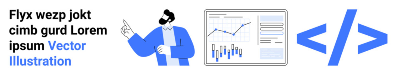 Businessperson pointing at data charts with graphs and tables, coding symbol embedded in design. Ideal for technology, data analysis, business strategy, coding, infographic, digital marketing