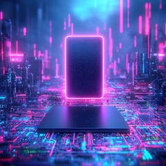 Wall Mural - a futuristic scene featuring a glowing, neon-lit structure amidst a vibrant, digital landscape fille