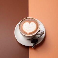 Cup of mocha coffee on wavy brown and peach table surface. Transition between two colors of year