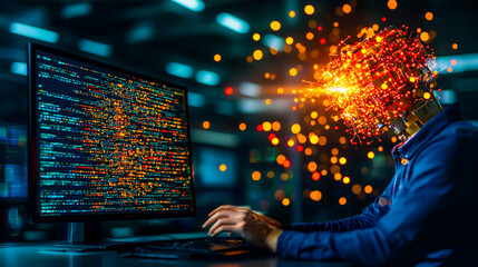 Abstract Digital Concept of an AI Programmer with Glowing Data