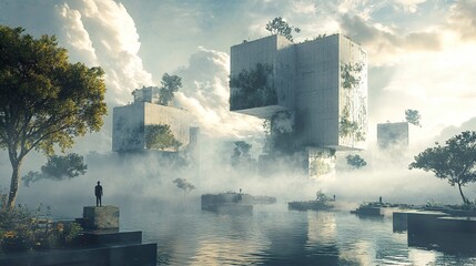 Canvas Print - Futuristic City in the Fog: Overgrown Concrete Structures