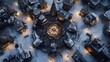 © 楠 刘 - A top-down view of a gothic, steampunk skyport in winter with skyships, markets, shops, and stained glass churches, featuring ornate designs and a grim, horror-inspired, elegant atmosphere.