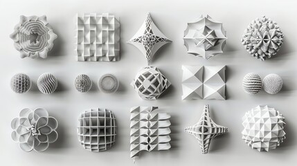 An array of white, geometric 3D models on a white surface.