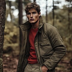 Poster - Handsome man in olive green jacket standing in a forest.