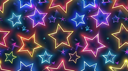 Wall Mural - a seamless pattern of neon stars in various colors on a dark background.