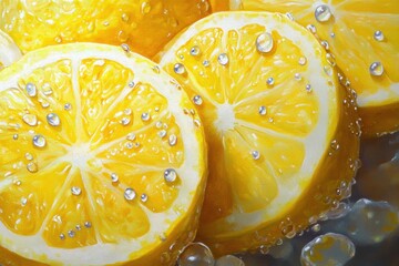 Wall Mural - Juicy Lemon Slices Water Droplets Painted Image