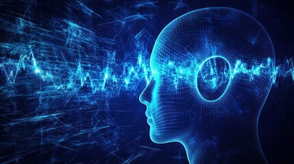 Wall Mural - a graphic of a silhouette head with an ear and sound waves emanating, symbolizing the concept of lis