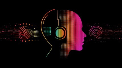Wall Mural - a graphic of a silhouette head with an ear and sound waves emanating, symbolizing the concept of lis