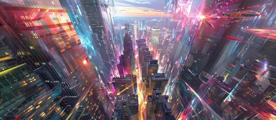 Wall Mural - futuristic city at sunset with vibrant lights and high-rise buildings.