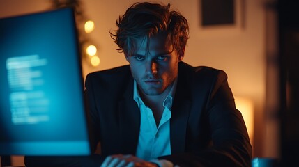 Focused programmer analyzing code at night in a modern workspace