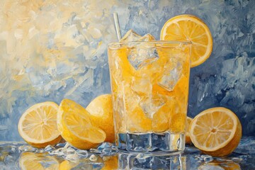 Wall Mural - Iced Lemonade Drink with Lemon Slices and Ice Cubes