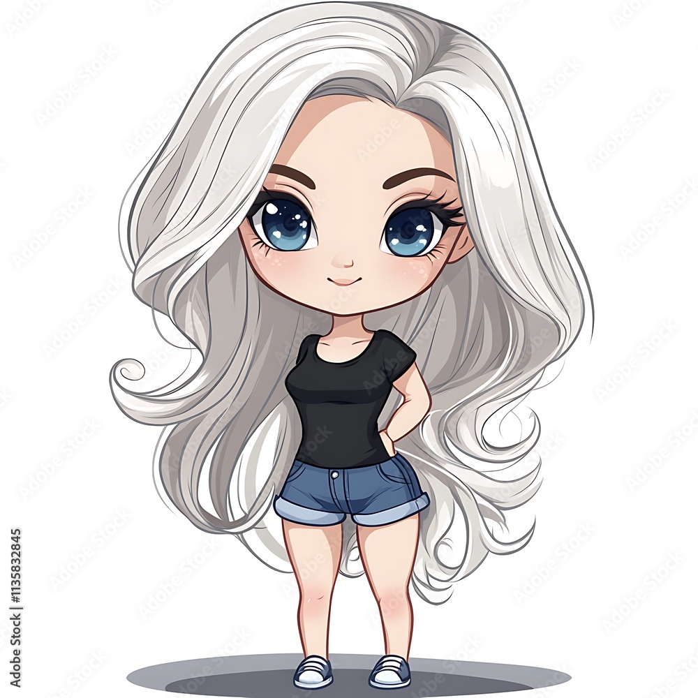Cute chibi girl with long white hair. Kawaii anime character design ...