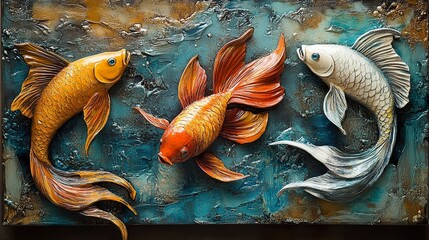 Wall Mural - Three Koi Fish in Relief: An Underwater Masterpiece