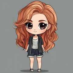 Cute chibi girl in casual outfit.  Kawaii fashion illustration.