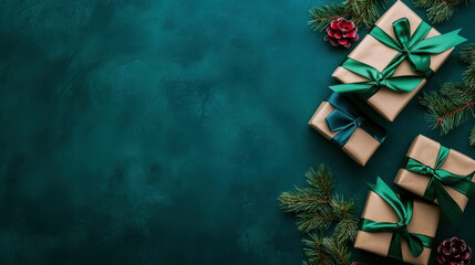 Wall Mural - Gift box tied with red ribbon and pine branches, green background