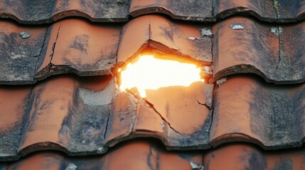 Detailed Close-Up of Roof Tile Damage Highlighting Broken Area Exposing Sunlight Illuminating Terracotta Surface and Surrounding Textures on a Building Roof