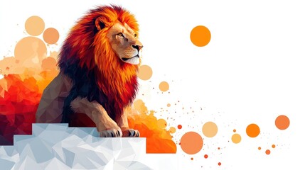 Poster - A stylized lion with a vibrant mane, set against a colorful geometric background.