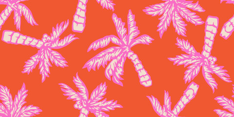 Wall Mural - Tropical pattern with freehand drawn palm trees. Hawaii summer background for fabric, textiles, clothing, wrapping paper, cover, decoration, banner, wallpaper, interior decor. Vector illustration.