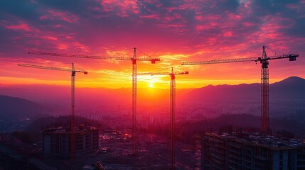 Aufkleber - A sunset over a construction site with cranes silhouetted against a colorful sky.