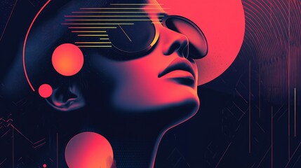 Wall Mural - Woman's face, sunglasses, vibrant neon, geometric shapes, futuristic style.