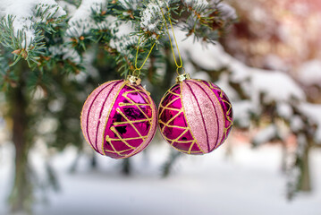 Wall Mural - Christmas background-colored toys hang on the Christmas tree
