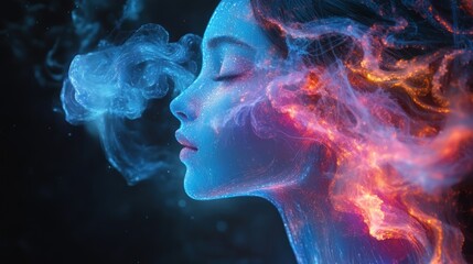 Poster - A surreal portrait of a woman with ethereal smoke and vibrant colors surrounding her.