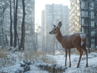 Wall Mural - Deer in snowy forest