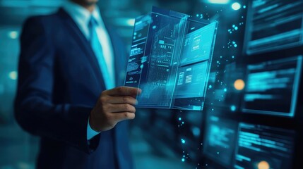 Businessman reviewing digital data on a futuristic transparent screen.
