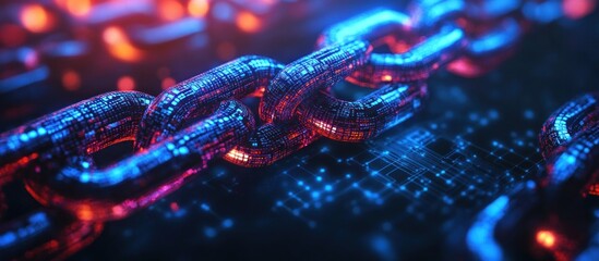 Close-up of a shiny metallic chain with digital data code links, glowing blue and red on a dark blue background.