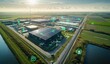 © Alfath - Aerial view of solar-paneled industrial buildings with futuristic icons.