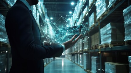 Wall Mural - businessman and global logistics network distribution and transportation, smart logistics, innovatio