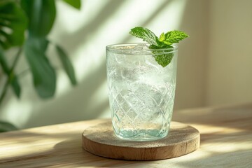 Wall Mural - Refreshing Iced Mint Drink In Glass On Wooden Coaster