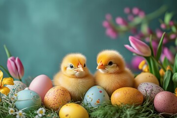 Two baby chicks sitting in nest with colorful easter eggs and spring flowers