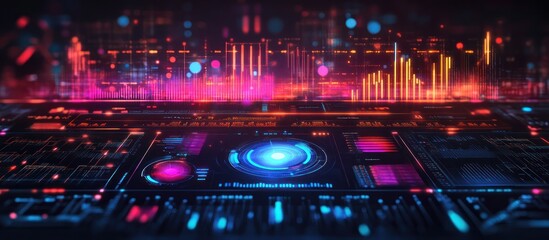 Futuristic interface with colorful glowing buttons, dials, and displays.