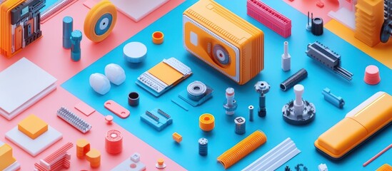 Colorful 3D rendered objects on blue and pink background.