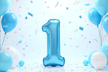 Wall Mural - festive celebration of the first birthday with balloons and confetti in blue tones, an inflatable ba