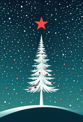 Wall Mural - A stylized snow covered Christmas tree adorned with red ornaments stands under a falling snow backdrop. A red star tops the tree in this winter scene