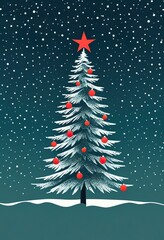 Wall Mural - A stylized snow covered Christmas tree adorned with red ornaments stands under a falling snow backdrop. A red star tops the tree in this winter scene